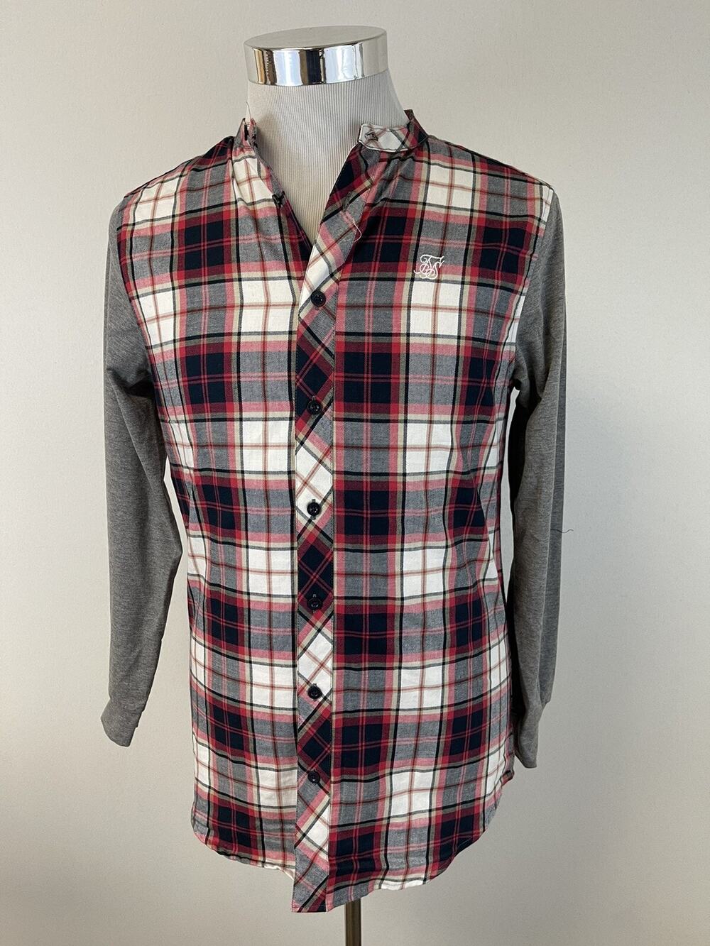 Siksilk Shirt Mens Small Button Up Plaid Check Red Sik Silk Long Sleeve N72